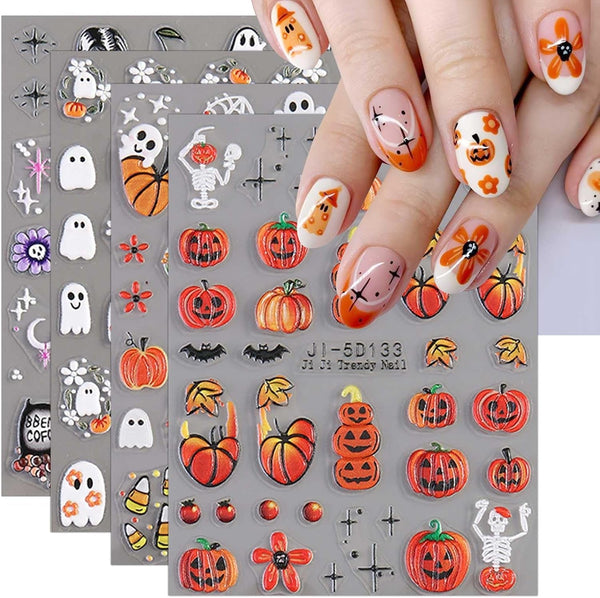 JMEOWIO 3D Nagelsticker Halloween Nail Art Sticker Selbstklebend Nagelaufkleber 5D Stereoskopisch Süßer Geisterkürbis Dekoration Nageldesign Zubehör 4 Blatt