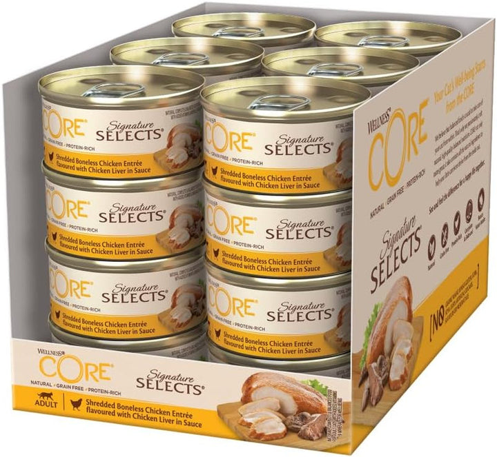 Wellness CORE Signature Selects, Shredded Selection Mix, 8 X 79 G, Hrană umedă premium pentru pisici adulte în sos, fără zahăr adăugat, fără cereale, cu conținut ridicat de carne