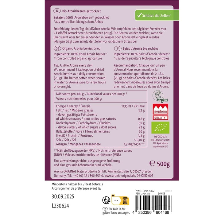 Aronia ORIGINAL, Fructe de aronia deshidratate, fără conservanți, fără zahăr adăugat, 500 grame Produse deshidratate Naty Shop
