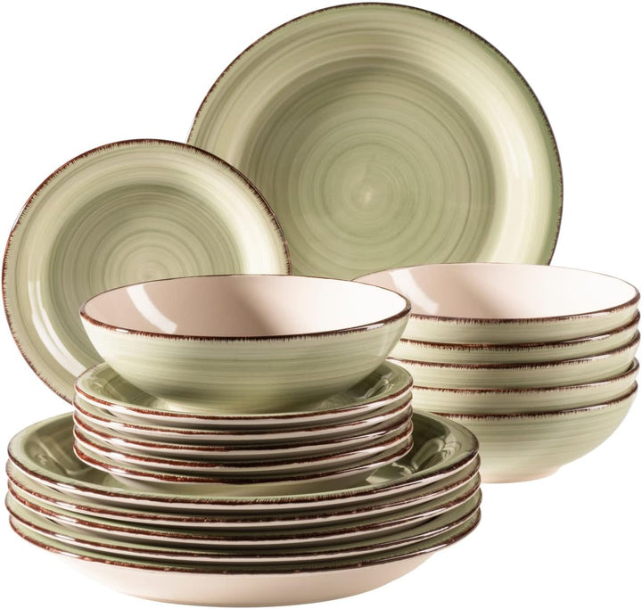 MÄSER 931875 Bel Tempo II, Teller-Set Für 6 Personen Im Modernen Vintage Look, 18-Teiliges Tafelservice, Handbemaltes Keramik-Geschirr Service, Steingut, Rauchblau Seturi vesela masa Naty Shop Grün