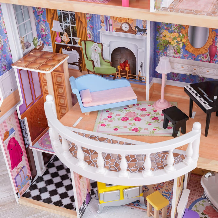 Casa de păpuși Kidkraft Magnolia Mansion din lemn cu mobilier și accesorii, set de joacă cu balcon și lift pentru păpuși de 30 cm, jucărie pentru copii de la 3 ani, 65907 Casute de papusi Naty Shop