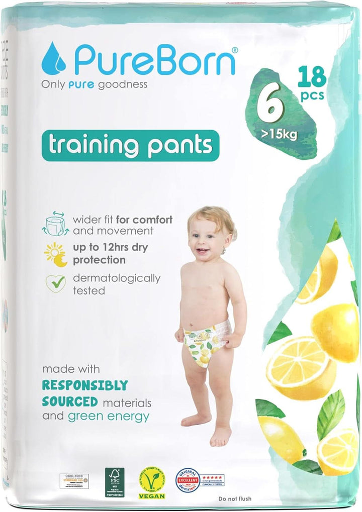 Scutece Pureborn Baby Premium Pantaloni, protectie optima zi si noapte, testate dermatologic, ultra moi, prietenoase cu pielea Mama si Copilul Naty Shop Marimea 6 (18 bucati)