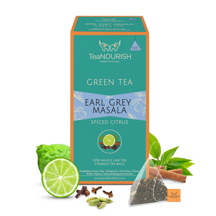 Teanourish Ghimbir Tulsi Ceai verde | 20 pliculețe de ceai piramidale | Darjeeling frunze întregi | Superalimente indiene Ghimbir, Tulsi &amp; Lemn dulce | Ameliorează stresul și favorizează digestia