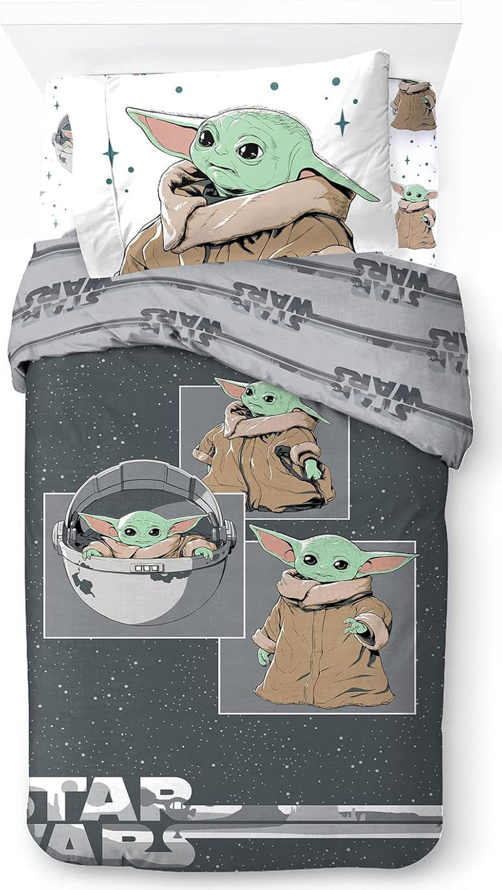 Lenjerie de pat pentru copii, unisex, printese si super eroi, 100% bumbac Lenjerie de pat - copii Naty Shop Gri - Mandalorian 135X200/50X70 (3 Piece)