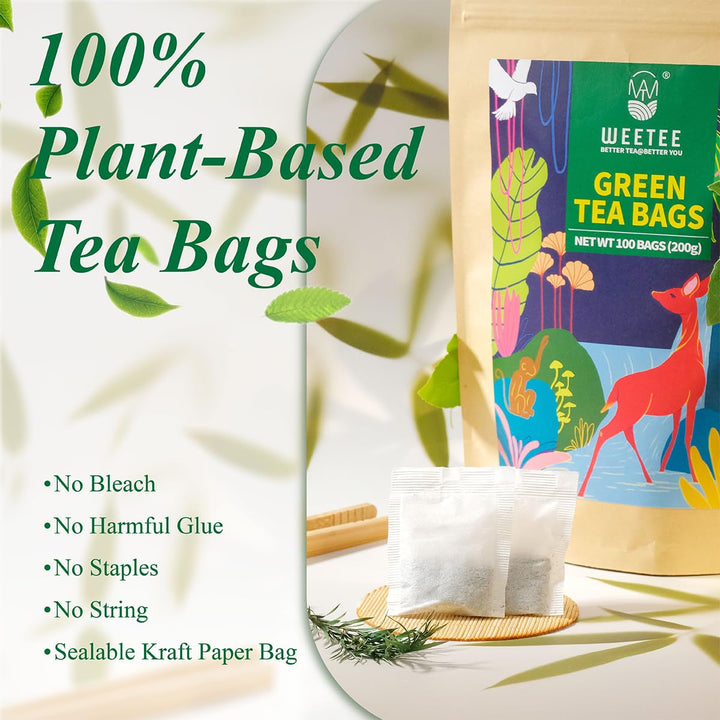 WEETEE Pliculețe de ceai verde, 100 bucăți Pliculețe de ceai verde, ceai verde pur, super antioxidant | Pliculețe resigilabile | Preparare fierbinte sau rece
