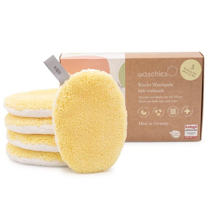 Tampoane de spălat Waschies KIDS pentru bebeluși și copii, pentru curățare numai cu apă, reutilizabile Mama si Copilul Naty Shop Galben Pastel 5 bucati
