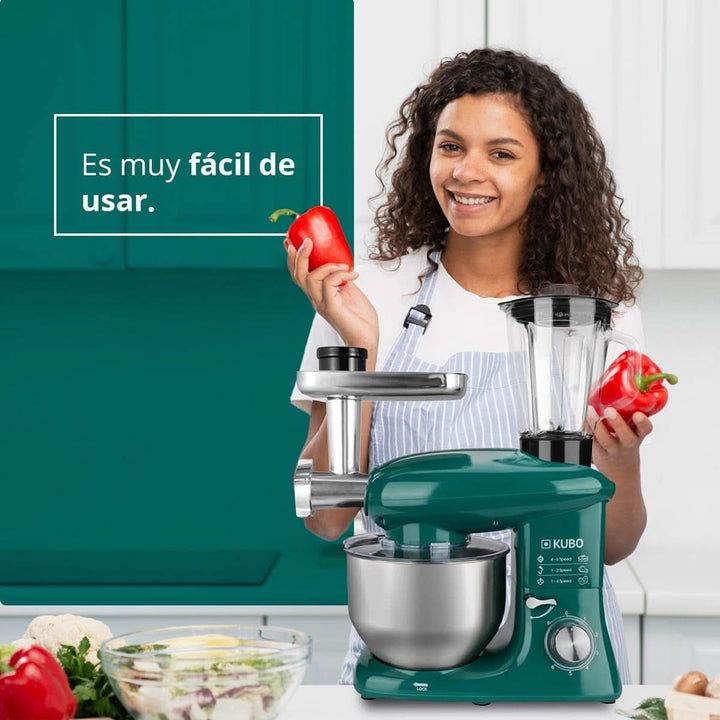 Küchenmaschine - 7 Zubehörteile: Mixbecher, Fleischwolf, Große Schüssel, Schutzdeckel, Schneebesen, Mixer Und Knetmaschine - Farbe: Grün - Fassungsvermögen: 6 Liter Mama si Copilul Naty Shop