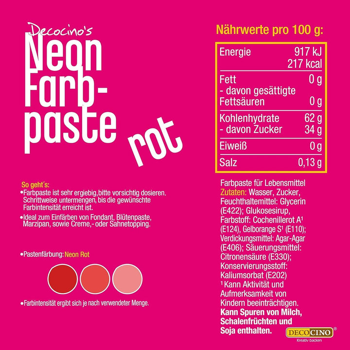 Decocino Neon Food Paste Red - Colorant alimentar cu doză mare - Pentru colorarea prăjiturilor, tartelor, brioșelor, cupcakes - Neutru la gust Coloranti Alimentari Naty Shop