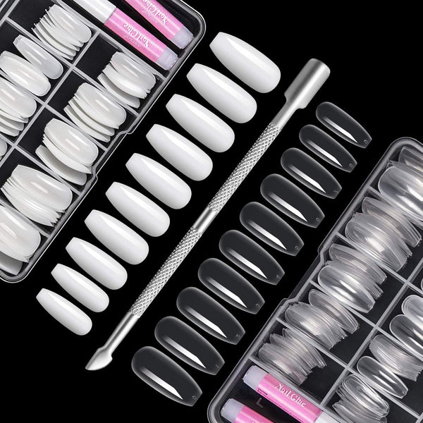 200 bucăți vârfuri de unghii false, 10 mărimi unghii artificiale acrilice cu împingător de cuticule și cutie transparentă pentru femei și fete (naturale și transparente)