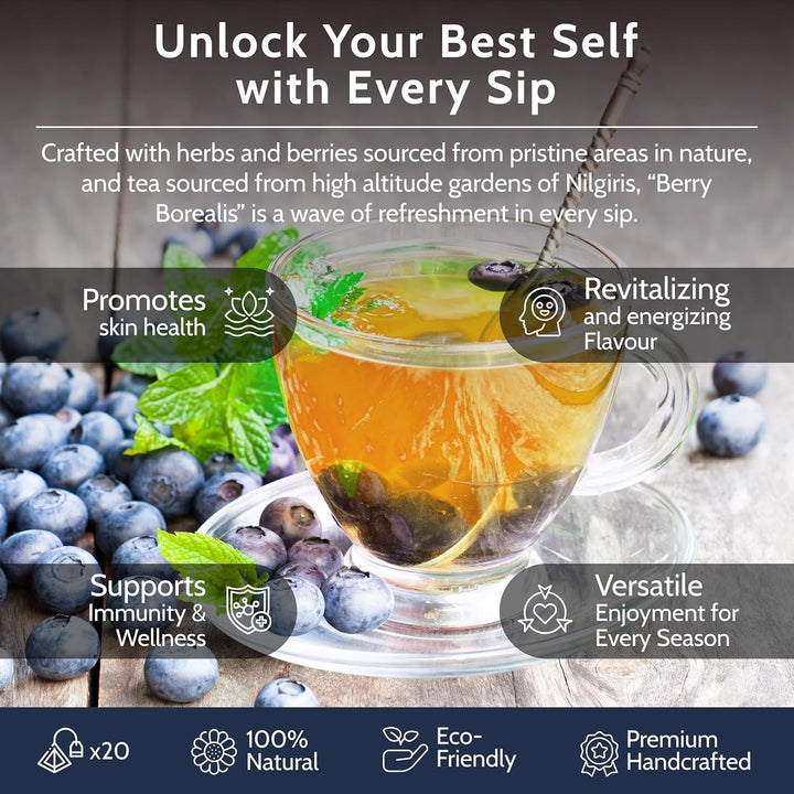 Blooms &amp; Leopard Premium Green Tea Bags – Amestec Berry Borealis cu hibiscus, afine, căpșuni și mentă verde – 20 pliculețe de ceai piramidale pentru ceai cald sau rece