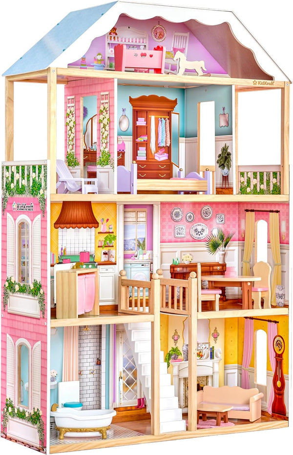 Casă de păpuși din lemn Kidkraft Charlotte cu mobilier și accesorii, casă de păpuși în stil clasic pentru păpuși de 30 cm, jucărie pentru copii de la 3 ani, 65956 Casute de papusi Naty Shop Titlu implicit
