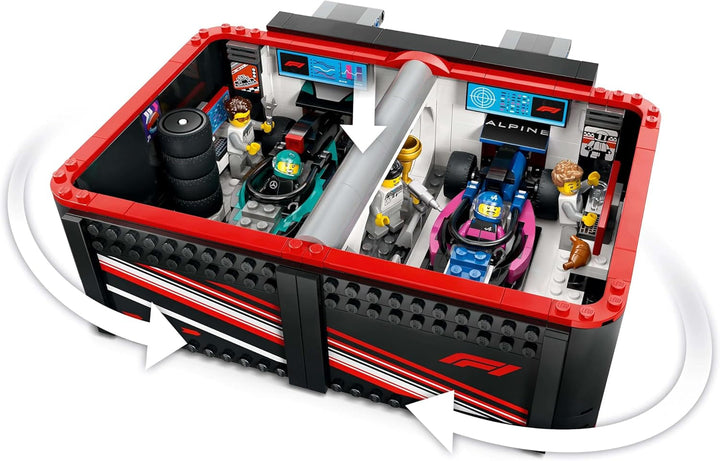 Garaj LEGO City F1 cu mașini de curse Mercedes-Amg și Alpine - Mașină de curse Formula 1 cu 2 piloți și 4 minifigurine mecanice - Cadou pentru băieți și fete 7+ și fani 60444 Seturi de constructie Besuche den LEGO-Store