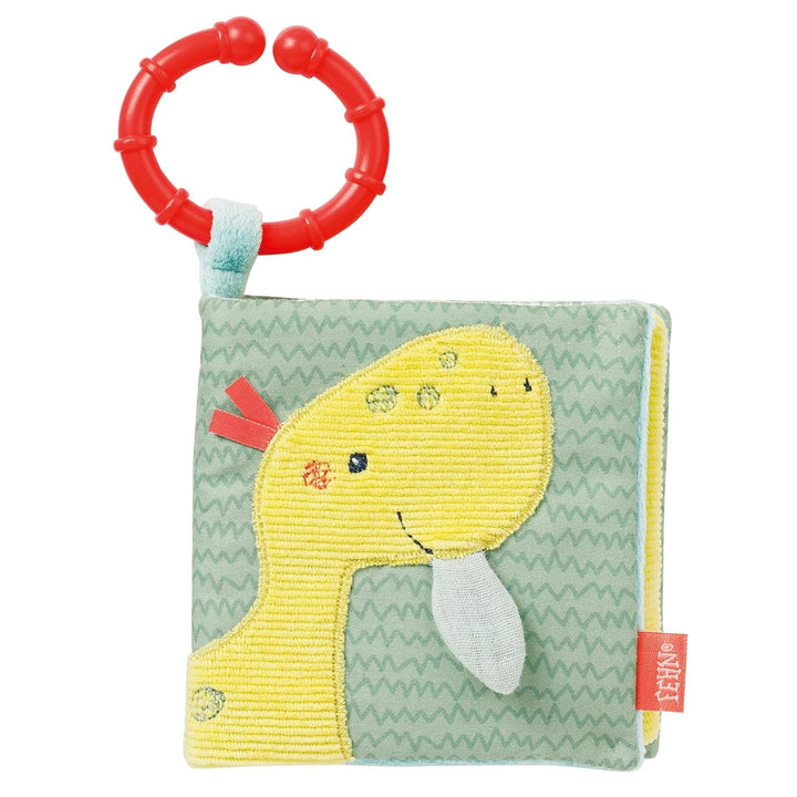 Fehn Soft picture book Bruno - carte moale pentru bebeluși din țesătură cu motive de animale - carte jucărie din țesătură de agățat pentru cărucioare și scaune auto pentru bebeluși - carte cu pocnitori pentru bebeluși și copii de la 0+ luni Jucarii Bebe Naty Shop Dino fericit