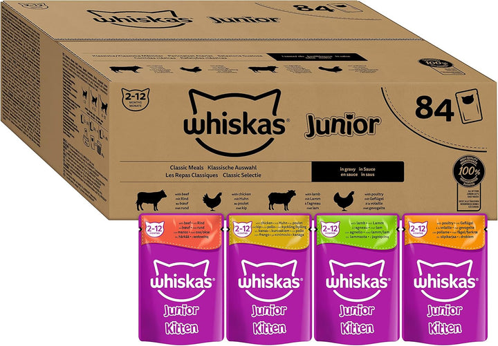 Hrană umedă pentru pisici Whiskas Junior Classic Choice în sos, 48 de pliculețe, 12X85G (pachet de 4) - Hrană umedă pentru pisici de înaltă calitate, pentru pisici în creștere de la 2 la 12 luni
