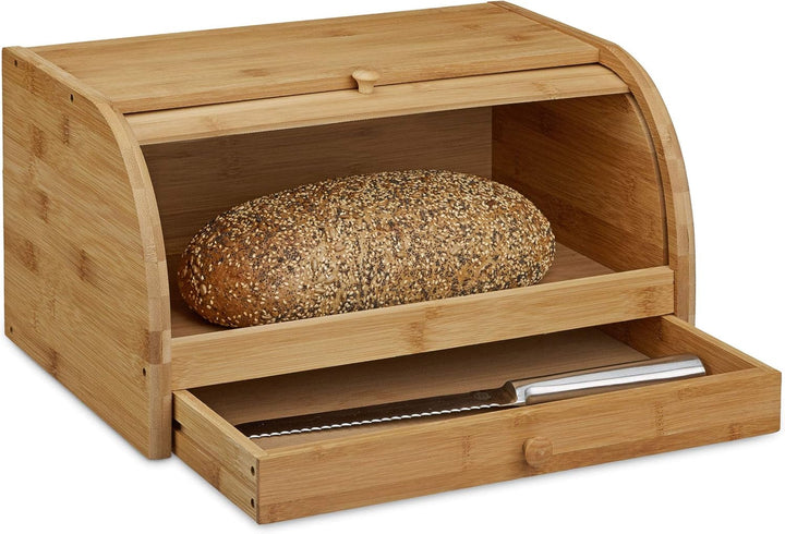 Relaxdays Coș de pâine rulant cu sertar, bambus, HxLxP: 21 x 40,5 x 28 cm, lemn, natural & placă de tăiat pâine din bambus aprox. 3 x 37 x 21,5 cm Placă de tăiat cu tavă pentru firimituri pentru curățare ușoară natural Cutii depozitare alimente Naty Shop