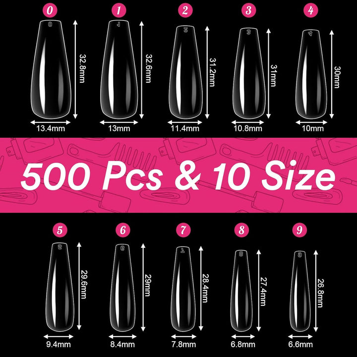 Alyvisun Tips Unghii Balet, 500 Bucăți Tips Unghii Acrilice Cu Acoperire Completă cu 240 Bucăți Set de Autocolante pentru Unghii, 10 Dimensiuni Tips Transparent pentru Unghii cu Gel Tips Unghii cu Gel Moale Tips Unghii Balerina