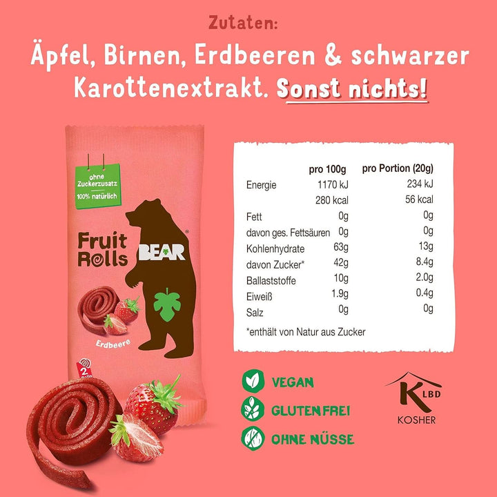Rulouri de fructe BEAR cu căpșuni, 100% ingrediente naturale, 30 x 20 grame Produse deshidratate Naty Shop