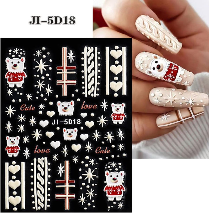 5 Blatt 3D Nagelsticker Weihnachten Nagelaufkleber 5D Stereoskopisch Selbstklebend Schneeflocke-Weihnachtswinterurlaub Nail Art Sticker Dekoration Nageldesign Zubehör