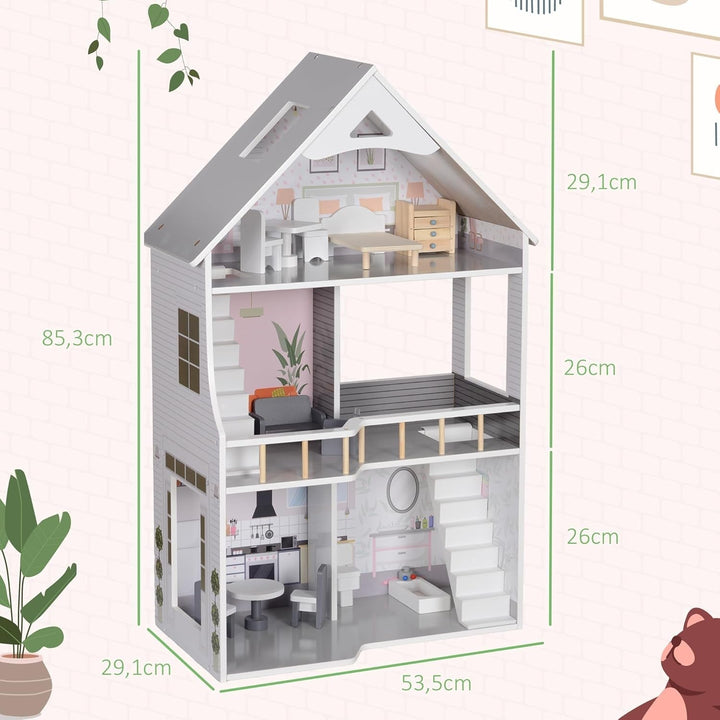 AIYAPLAY Casă de păpuși din lemn, casă de joacă cu 3 etaje cu 13 piese de mobilier, accesorii, 85,3 cm înălțime Casă de păpuși pentru copii de 3-6 ani, gri Casute de papusi Naty Shop