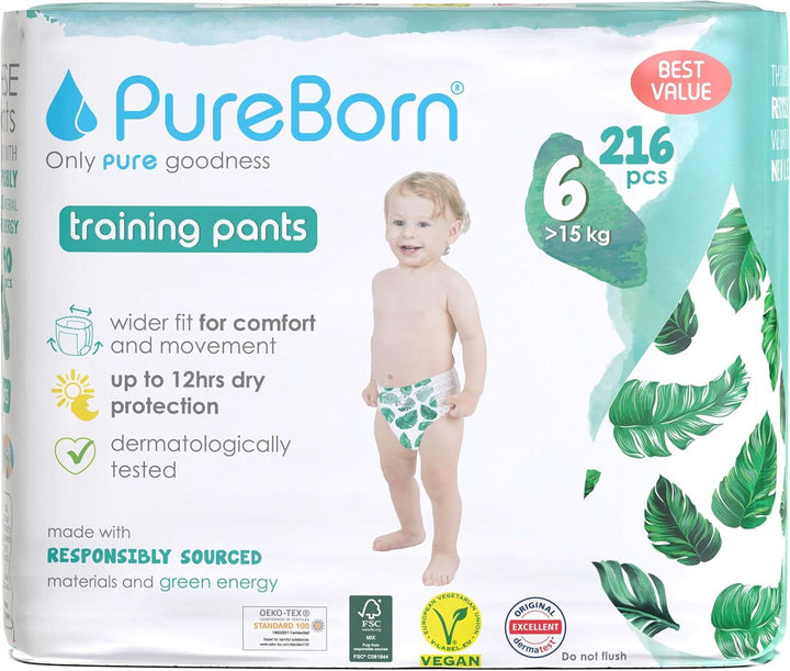 Scutece Pureborn Baby Premium Pantaloni, protectie optima zi si noapte, testate dermatologic, ultra moi, prietenoase cu pielea Mama si Copilul Naty Shop Mărimea 6 (216 bucăți)
