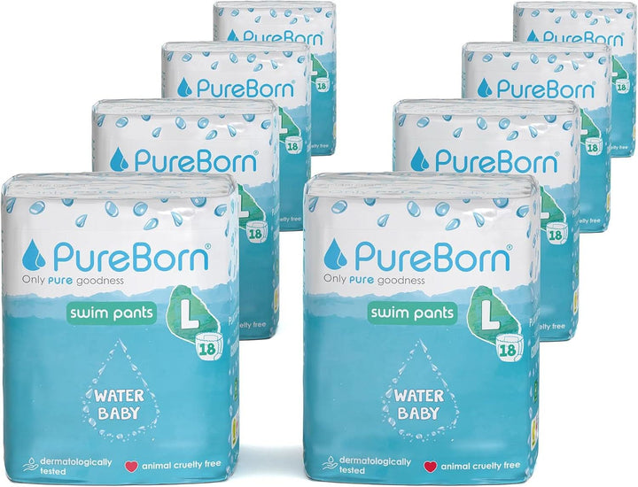 Scutece de inot Pureborn, pantaloni de baie pentru bebelusi pentru plaja si piscina, ultra moi, elastice Mama si Copilul Naty Shop 8 X18 buc Marimea L (9-14 kg)