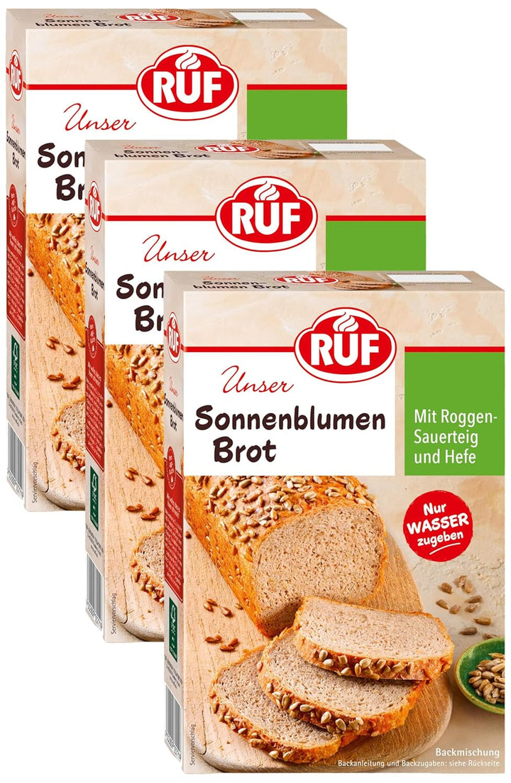 RUF Sonnenblumen Brot, Nur Wasser Hinzufügen, Brotbackmischung Mit Sonnenblumenkernen, Brotteigmischung Mit Roggen-Sauerteig Und Hefe Für Sonnenblumenkernbrot, 1 X 410G Naty Shop 410 G (3Er Pack)
