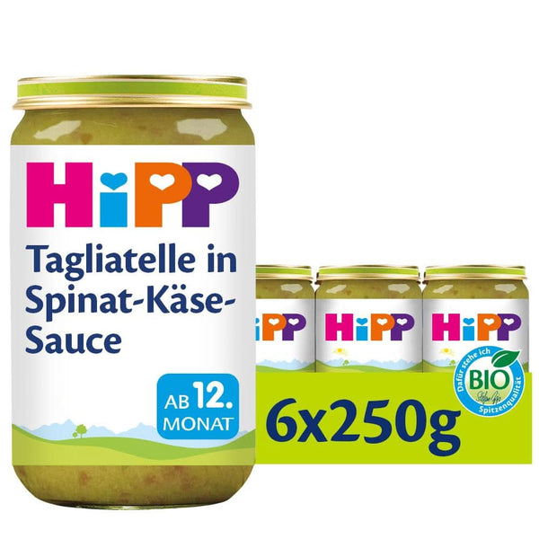 Hipp Pasta Bambini - Tagliatelle în sos de spanac și brânză, pachet de 6 (6 X 250 grame) Mama si Copilul Naty Shop 6 x 250 grame Spanac și sos de brânză