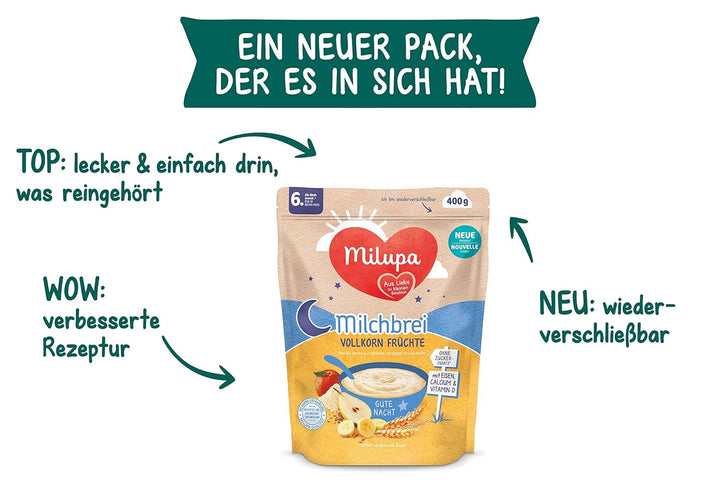 Milupa Milk Porridge Wholemeal Fruits - Terci pentru copii fără ulei de palmier, de la 6 luni - 4 X 400 G (pachet de 2) Mama si Copilul Naty Shop
