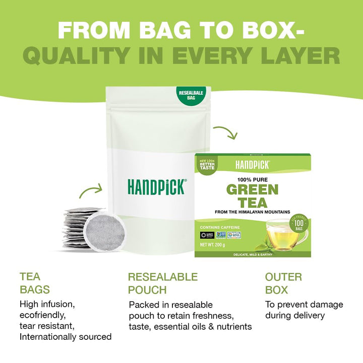 HANDPICK, pliculețe de ceai verde (100 pliculețe) Fără gluten și ceai verde pur | Pliculețe rotunde de ceai verde, fără adeziv, fără înălbitor, fără sfori | Ceai fierbinte/Kombucha sau infuzat la rece | Ceai verde