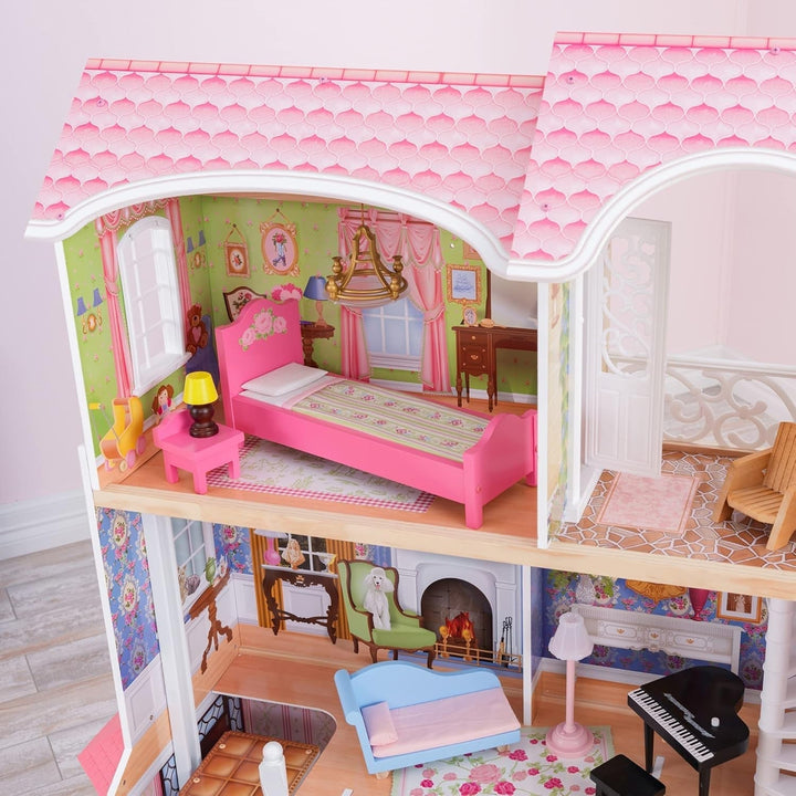 Casa de păpuși Kidkraft Magnolia Mansion din lemn cu mobilier și accesorii, set de joacă cu balcon și lift pentru păpuși de 30 cm, jucărie pentru copii de la 3 ani, 65907 Casute de papusi Naty Shop