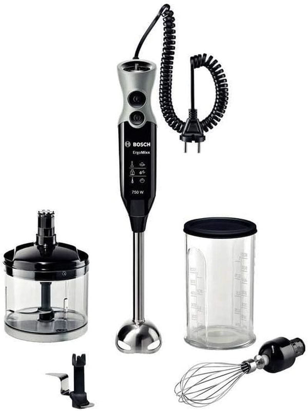 Bosch Stabmixer Ergomixx MSM67170, Edelstahl-Mixfuß, Universalzerkleinerer, Mix- Und Messbecher, Schneebesen, Ice-Crush-Klinge, Leichtes Gehäuse, 12 Stufen plus Turbostufe, 750 W, Schwarz/Grau Bucatarie Naty Shop