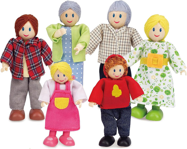 Familie de păpuși Hape Set de familie de păpuși premiat, accesoriu unic pentru case de păpuși din lemn, joc fantastic, 6 membri ai familiei de păpuși Papusi Naty Shop Titlu implicit