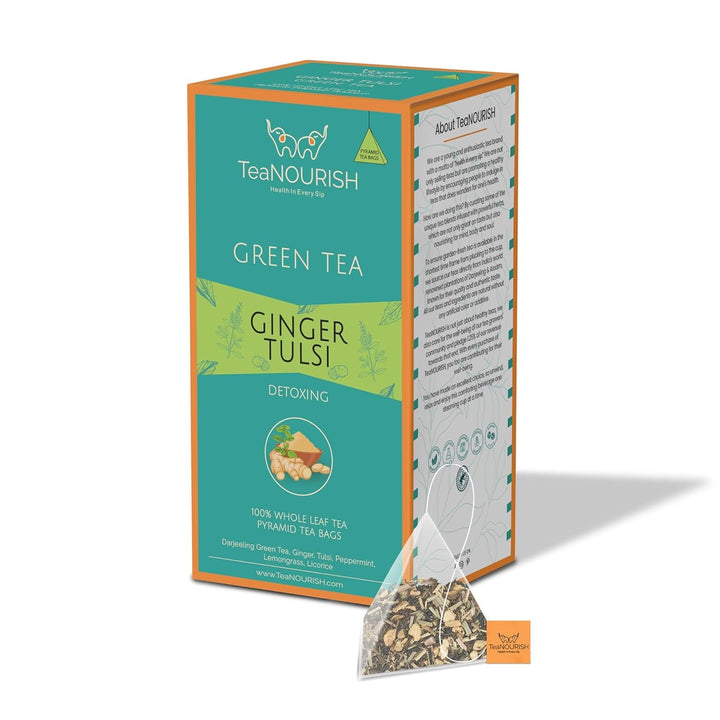 Teanourish Ghimbir Tulsi Ceai verde | 20 pliculețe de ceai piramidale | Darjeeling frunze întregi | Superalimente indiene Ghimbir, Tulsi &amp; Lemn dulce | Ameliorează stresul și favorizează digestia