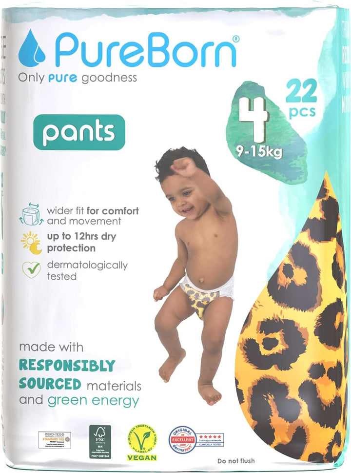 Scutece Pureborn Baby Premium Pantaloni, protectie optima zi si noapte, testate dermatologic, ultra moi, prietenoase cu pielea Mama si Copilul Naty Shop Marimea 4 (22 bucati)
