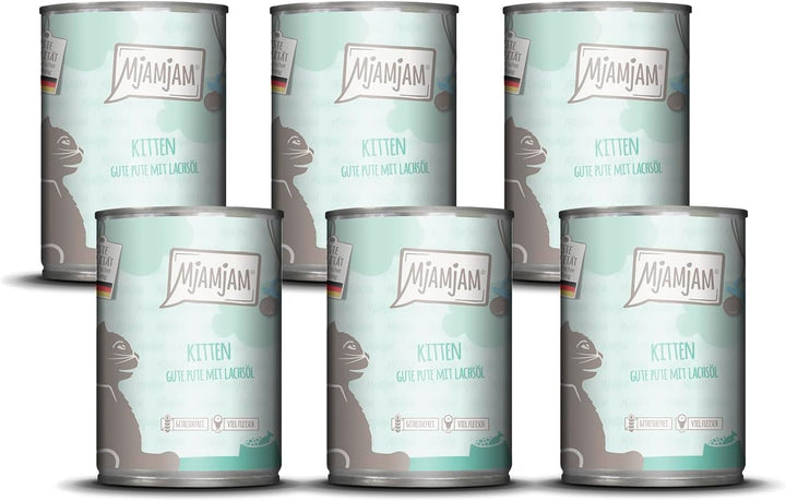 Mjamjam - Hrană umedă premium pentru pisici - Kitten Juicy Chicken cu ulei de somon, pachet de 6 (6 X 200 G), fără cereale, cu extra carne