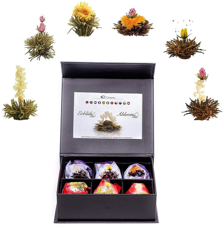 Creano 6 flori de ceai cutie cadou Ceai verde în cutie magnetică elegantă cu imprimeu argintiu - 6 sortimente diferite - cadou de Crăciun