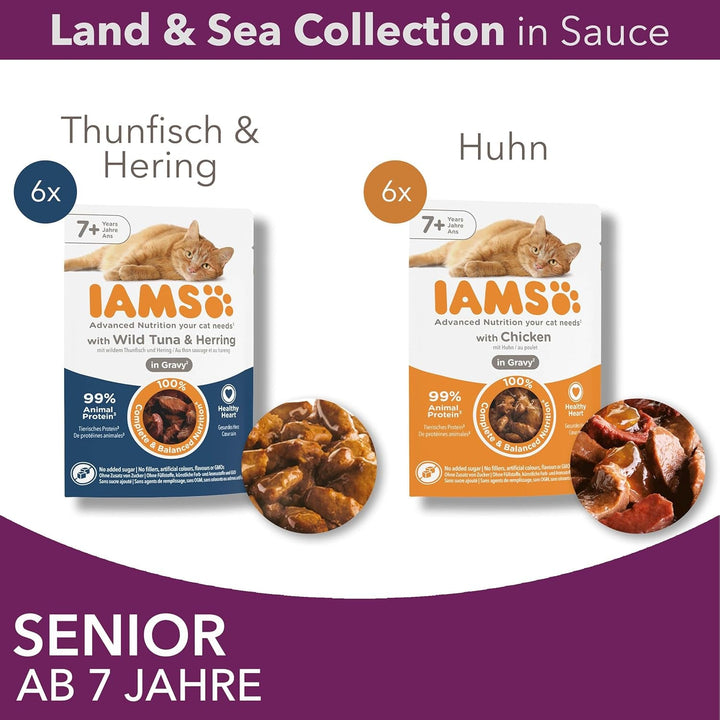 IAMS Delights Senior Cat Food Wet - Multipack cu pui și pește în sos, hrană umedă de înaltă calitate pentru pisici bătrâne de la 7 ani, 12 X 85 G