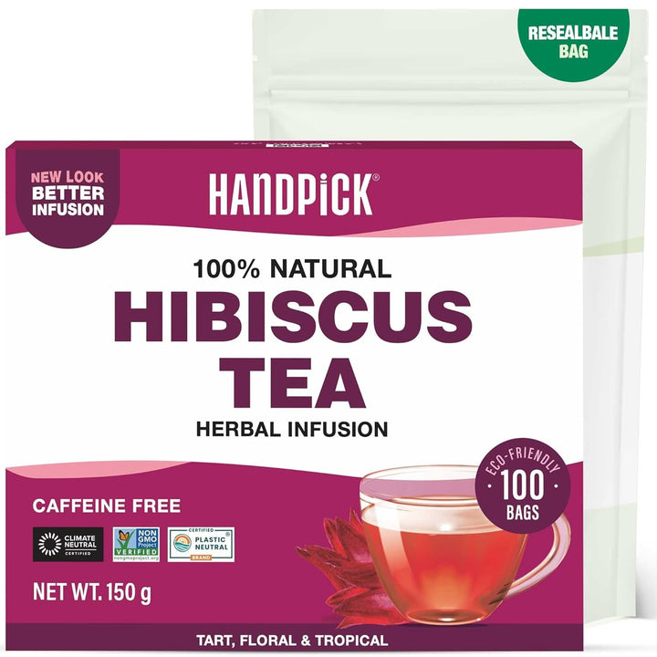 HANDPICK, pliculețe de ceai verde (100 pliculețe) Fără gluten și ceai verde pur | Pliculețe rotunde de ceai verde, fără adeziv, fără înălbitor, fără sfori | Ceai fierbinte/Kombucha sau infuzat la rece | Ceai verde