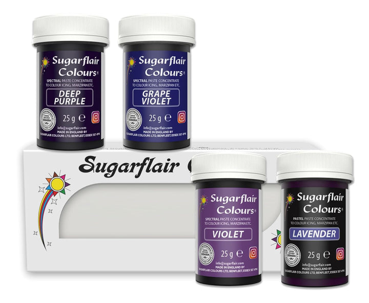 Sugarflair Pasta Lebensmittelfarben Purple Set/4, Pasta Lebensmittel Farben Für Fondant, Marzipan, Zuckerpaste, Buttercreme Und Mehr: Violet, Lavender, Grape Violet, Deep Purple - Set/4 Coloranti Alimentari Naty Shop