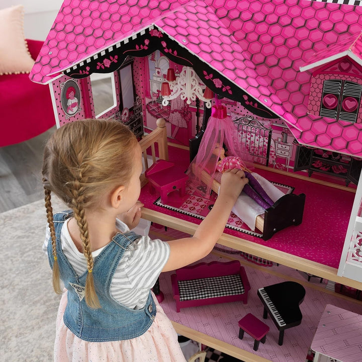 Casă de păpuși din lemn Kidkraft Amelia cu mobilier și accesorii, set de joacă cu balcon și lift pentru păpuși de 30 cm, jucărie pentru copii de la 3 ani, 65093 Casute de papusi Naty Shop