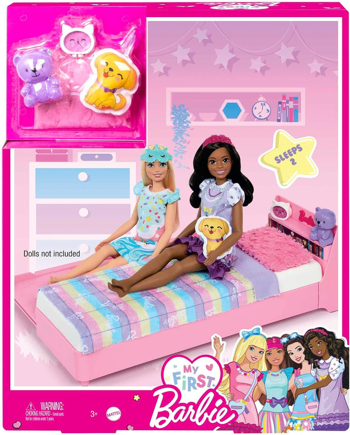 Barbie My First Series, Pat rulant, Pat cu accesorii, Ceas cu alarmă, Ursuleț de pluș, Set negru, Pernă, Păpușă, Cadou pentru copii, Jucării de la 3 ani,Hmm64 Papusi Naty Shop