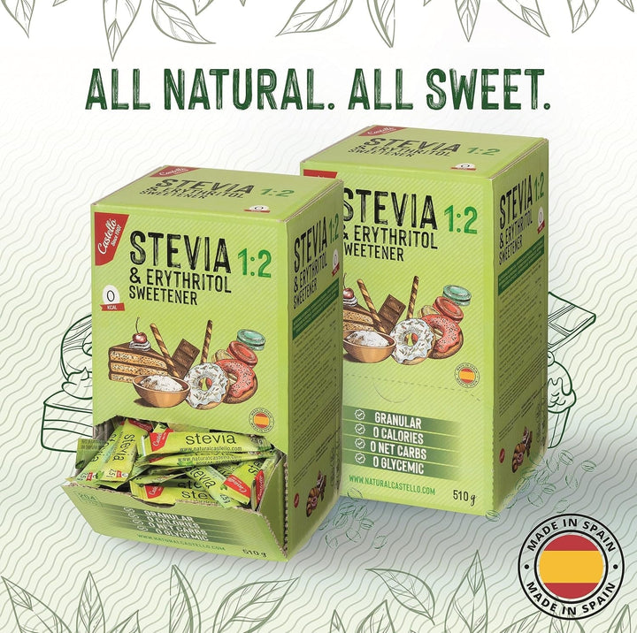 Stevia + Erythrit 1:2 Süßstoff | 204 Beutel Mit 2,5 G | 100% Natürlicher Zuckerersatz - 0 Kalorien - 0 Glykämischer Index - Keto Und Paleo - 0 Kohlenhydrate - Kein GVO - Castello since 1907-510 G Indulcitori Naty Shop