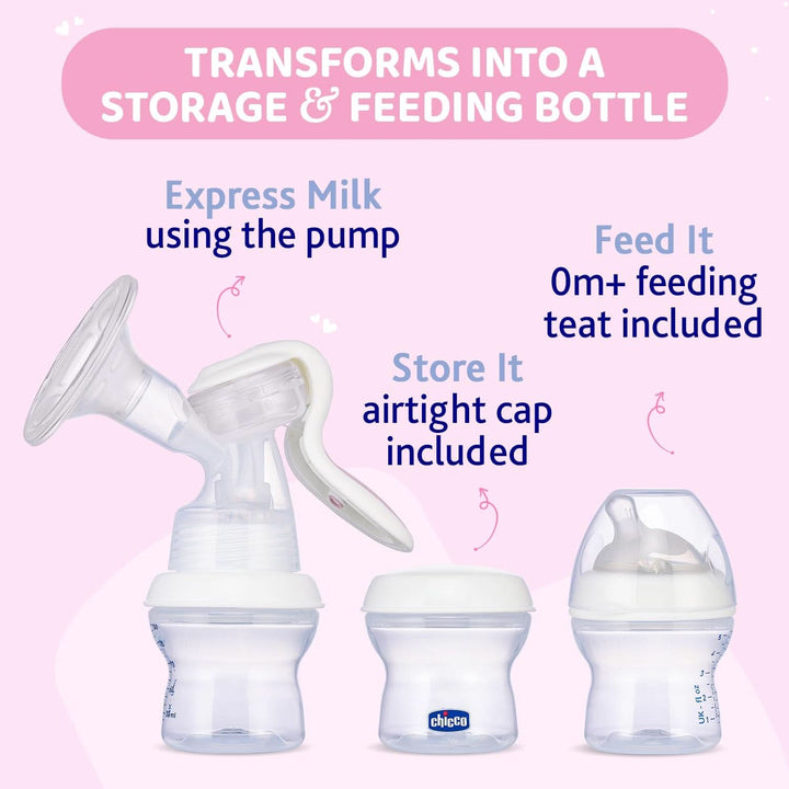 Pompa manuala Chicco Natural Feeling, pompa de alaptare cu tetina inclinata si capac ermetic, devine biberon - 150 ml Accesorii Hrana si Alaptare Bebe Naty Shop