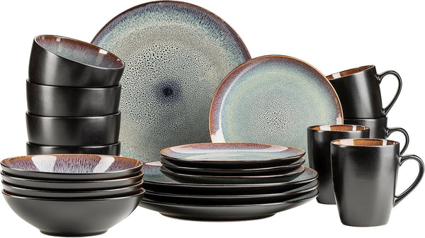 MÄSER 934100 Serie Teona, Keramik Geschirr Set Für 4 Personen Mit Grün-Brauner Reaktivglasur, 20-Teiliges Kombiservice in Modern Dezenten Coupe-Formen, Steinzeug Seturi vesela masa Naty Shop Geschirr-Set