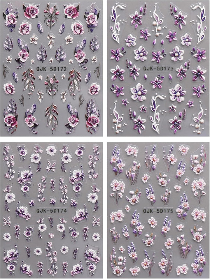 JMEOWIO 3D Nagelsticker Blumen Nail Art Sticker Selbstklebend Nagelaufkleber 5D Stereoskopisch Frühling Sommer Dekoration Nageldesign Zubehör 4 Blatt