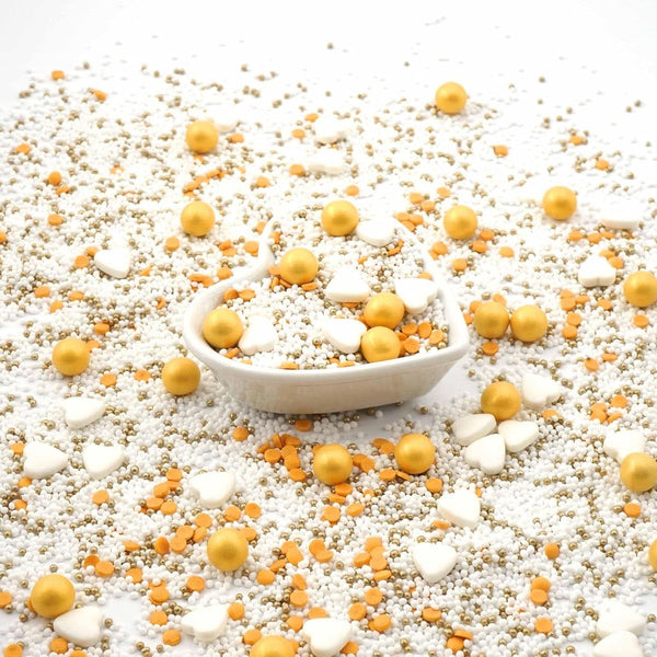 Streusel Glück, Sprinkles cu inimioare albe si bile aurii, 40 grame Sprinkles Naty Shop