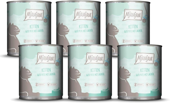 Mjamjam - Hrană umedă premium pentru pisici - Kitten Juicy Chicken cu ulei de somon, pachet de 6 (6 X 200 G), fără cereale, cu extra carne