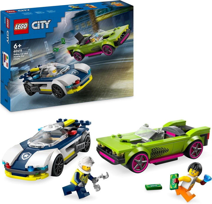 LEGO City Car Chase cu mașină de poliție și mașină cu mușchi, tren de jucărie cu 2 mașini de curse, cadou de poliție pentru copii, băieți și fete de la 6 ani, set cu polițist și minifigurine Ganovin 60415 Seturi de constructie Besuche den LEGO-Store Singur