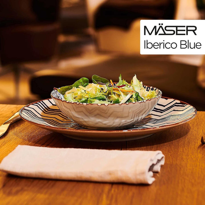 MÄSER 934017 Iberico Blue 12-Teiliges Tafelservice Für 4 Personen Im Maurischen Stil, Teller Set Mit Verschiedenen Vintage Mustern in Weiß Und Blau, Steinzeug Seturi vesela masa Naty Shop
