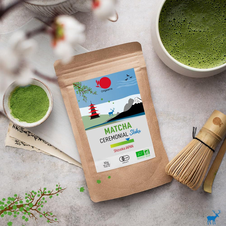 ORIGEENS BIO MATCHA CEREMONIAL GRADE „SHIKA” - Ceai japonez organic, provenit din Shizuoka - Matcha Latte/Usucha - Pliculeț de reumplere de 30 g - Ceai verde Matcha pulbere organic de calitate ceremonială